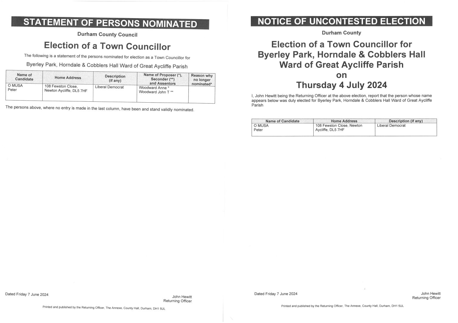 Notice Of Uncontested Election - Great Aycliffe Town Council